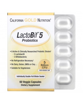 California Gold Nutrition, LactoBif 5, пробиотики, 5 млрд КОЕ, 60 вегетарианских капсул California Gold Nutrition, LactoBif 5, пробиотики, 5 млрд КОЕ, 60 вегетарианских капсул